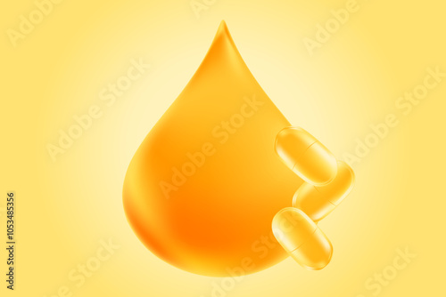 Glowing gold oil drop with 3D soft gel capsules, healthy nutrition, supplement background with copy space. Omega 3, fish oil, vitamin D3, vitamin E, essential extract, ocean krill oil illustration.