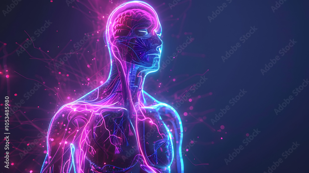 digital illustration of human cardiovascular and nervous systems with neon highlights digital illustration of human cardiovascular and nervous systems with neon highlights