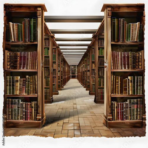 front view from a book hall in a library. through this image we can find things about education, study, school, science and mutch more with white shades, vintage, png photo