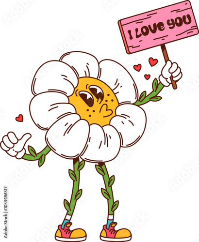 Cartoon groovy valentines day daisy flower character with a kiss and banner spelling i Love You. Vector chamomile retro personage playfully sends an air kiss with love hearts displaying romantic flirt
