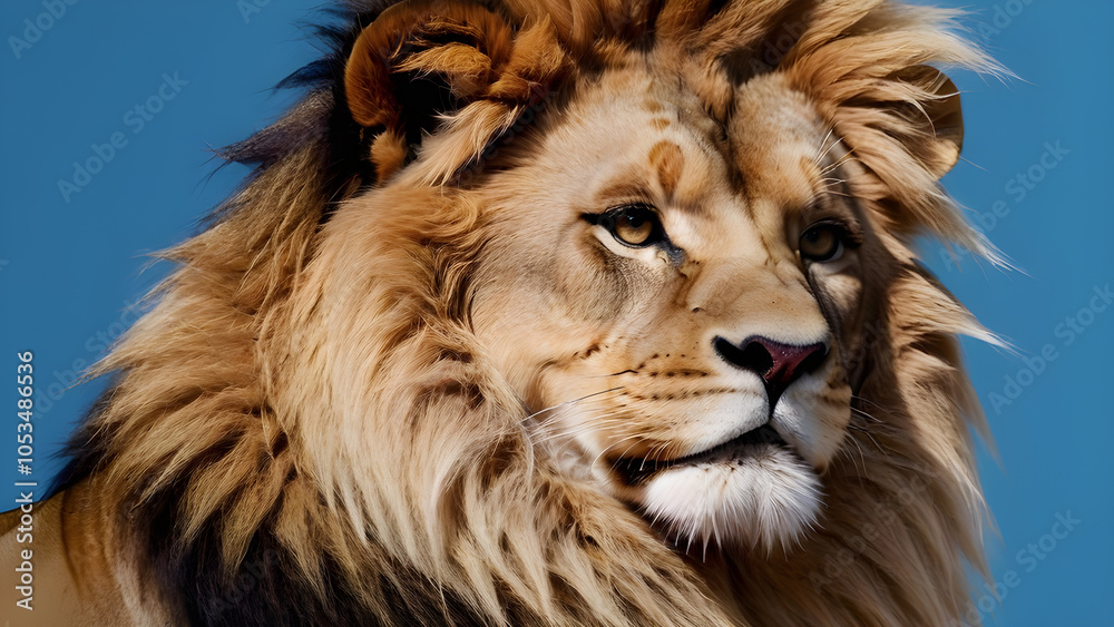 Fototapeta premium Portrait of a male lion on a blue background. Close-up.