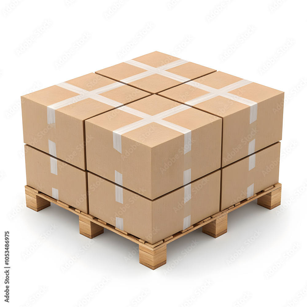 Cardboard boxes stacked on pallet isolated on white background Cardboard boxes stacked on pallet isolated on white background