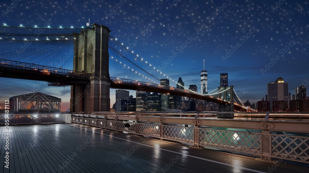 Obraz premium Enchanting Brooklyn Bridge at Night: A Stunning View of the Iconic Structure Illuminated Against a Starry Sky with the Manhattan Skyline in the Background