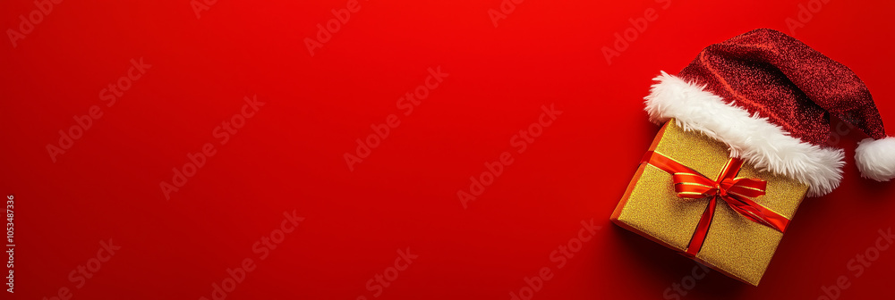 Christmas present with red Santa hat over the solid red background with place for the text. Christmas present with red Santa hat over the solid red background with place for the text.