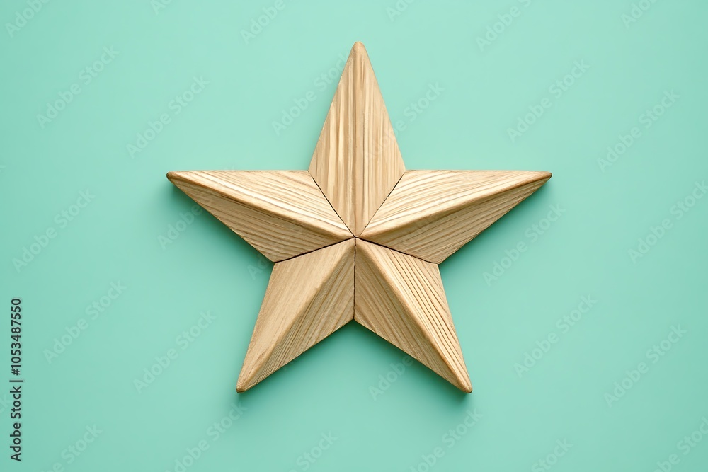 Light brown wooden christmas star decoration lying on a light green background, creating a festive and minimalist scene Light brown wooden christmas star decoration lying on a light green background, creating a festive and minimalist scene
