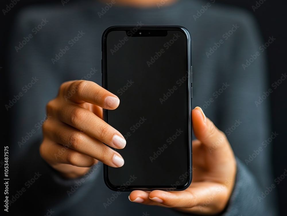 A person holding a black phone with a blank screen