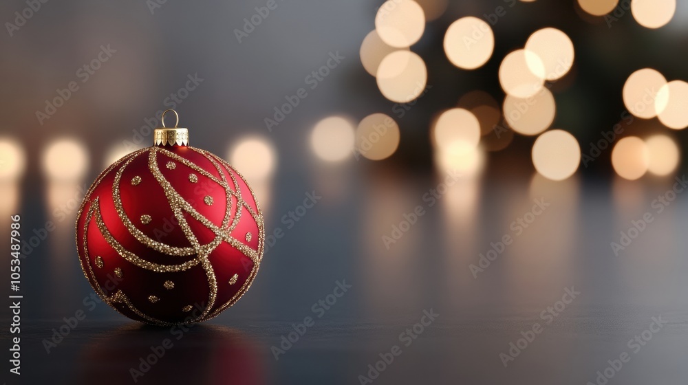 Red Christmas ornament with golden swirls against a blurred festive background, AI Red Christmas ornament with golden swirls against a blurred festive background, AI