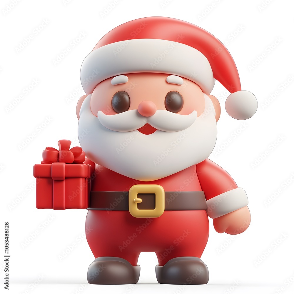 3D cartoon of a jolly Santa Claus holding a gift on a white background. 3D cartoon of a jolly Santa Claus holding a gift on a white background.