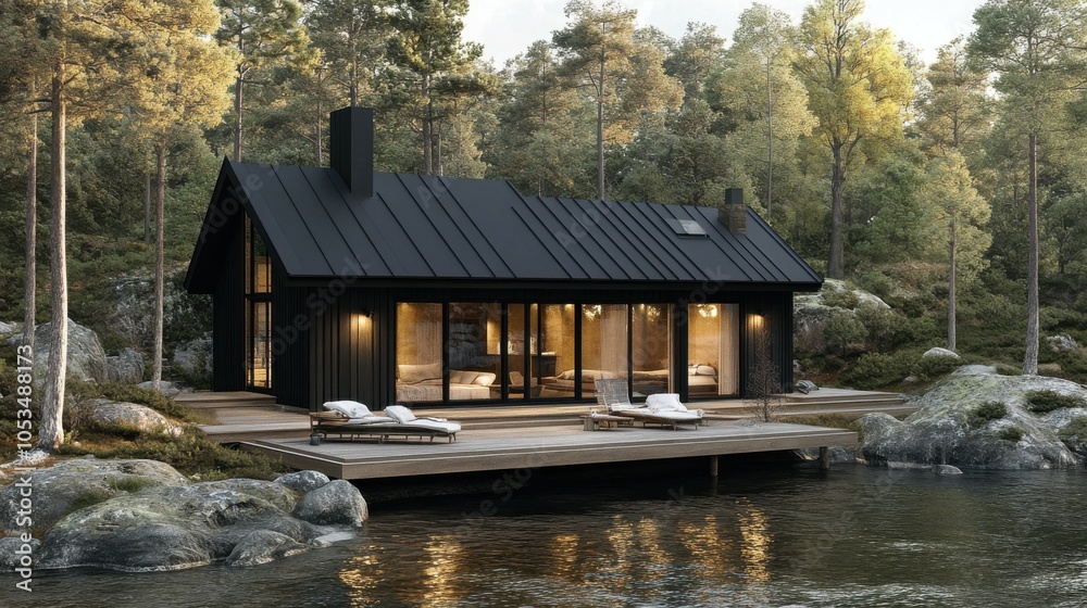 Obraz premium Scandinavian cabin with sleek design.