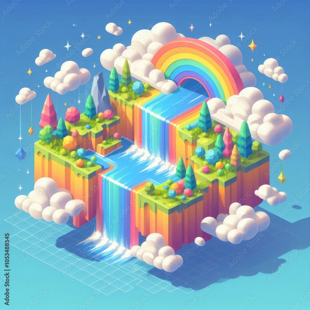 isometric Waterfall flowing isometric Waterfall flowing
