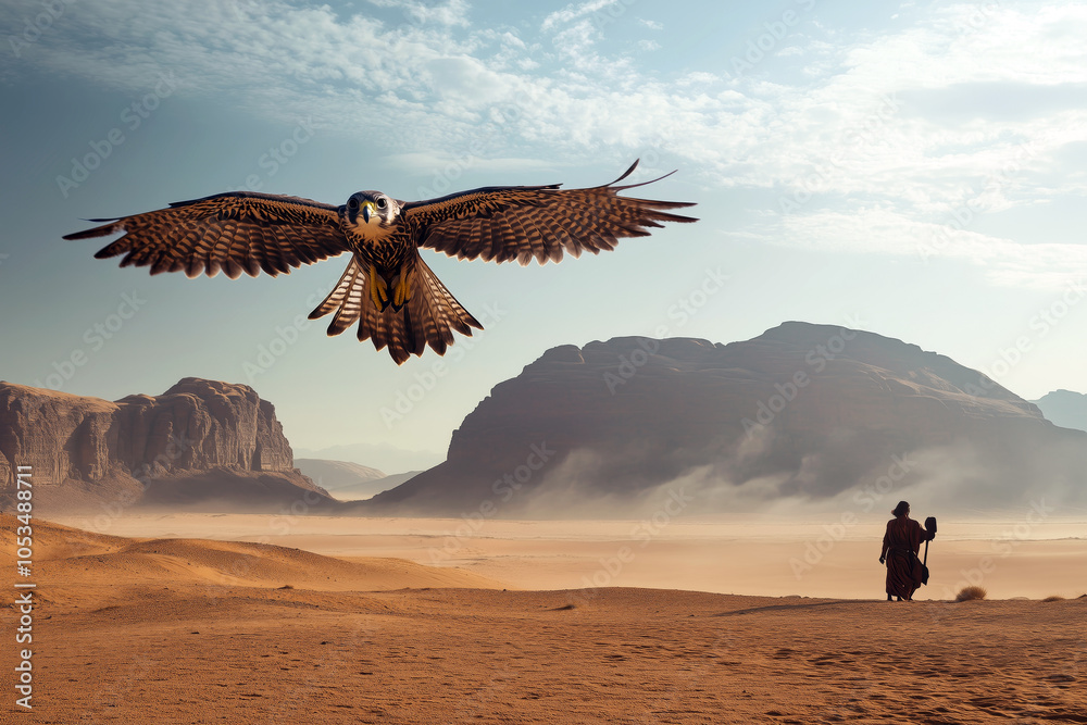 Naklejka premium Majestic falcon flying over a vast desert landscape during a falconry hunt, with the hunter standing in the distance holding a glove.