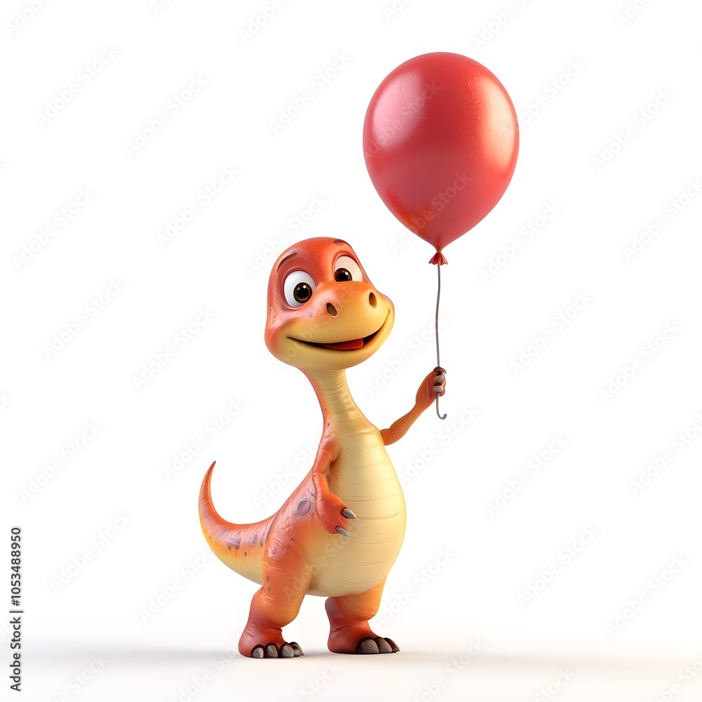 Fototapeta premium 3D cartoon of a playful dinosaur holding a balloon on a white background