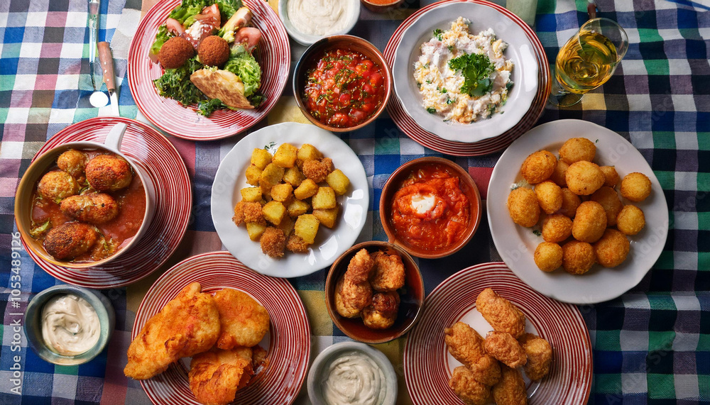 Mesa con tapas españolas típicas como croquetas, patatas bravas, ensaladilla rusa... Vista aérea. Mantel de cuadros. Composición de platos. Menú de bar, restaurante Mesa con tapas españolas típicas como croquetas, patatas bravas, ensaladilla rusa... Vista aérea. Mantel de cuadros. Composición de platos. Menú de bar, restaurante