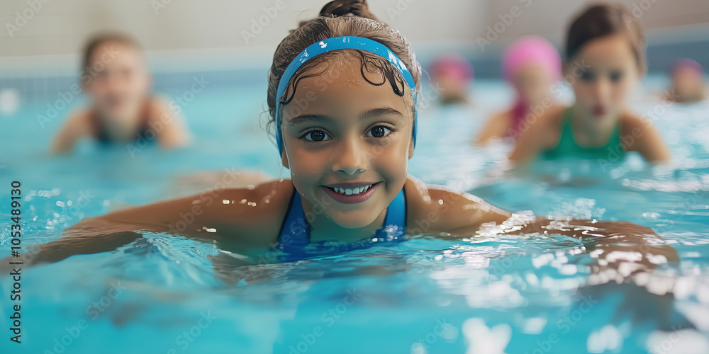 Obraz premium Group of school children attending swim lesson in the swimming pool.