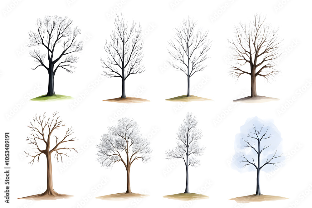 Obraz premium Hand drawn trees collection, black and white, isolated on white