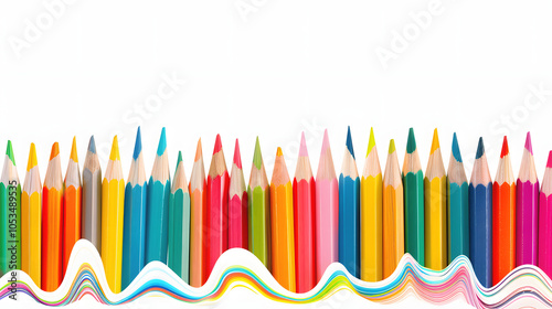 wave of colorful wooden pencils isolated on panoramic . back to school and arts concept web banner, png file with white shades, text area, png