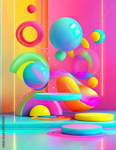 Playful 3D abstract shapes floating in a neon-toned space