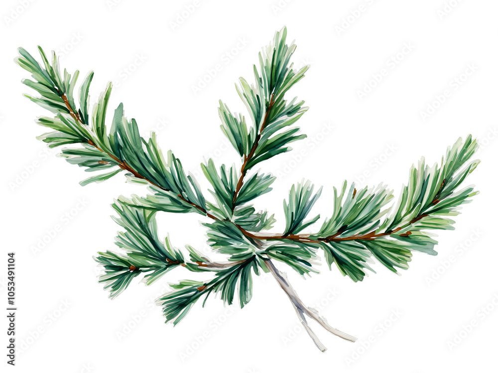A detailed illustration of a pine branch with green needles, ideal for nature, winter, or Christmas themes.  Isolated from the background.
