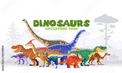 Adventure park banner with prehistoric dinosaurs in jungle forest. Funny jurassic dino animals and extinct reptiles vector personages. Cartoon tyrannosaurus rex, allosaurus, styracosaurus characters