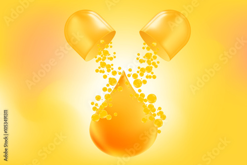 Glowing gold oil drop with shiny bubbles flowing from open 3D capsule. Healthy nutrition, supplement background with copy space. Omega 3 fish oil, vitamin E, D3, hemp extract vector illustration.