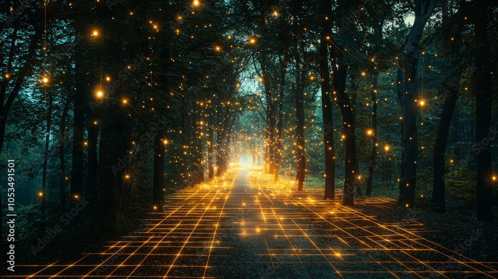 A tree-lined path is mesmerizingly lit by a radiant golden grid of lights, providing a stunning juxtaposition of natural beauty and modern abstract design. A tree-lined path is mesmerizingly lit by a radiant golden grid of lights, providing a stunning juxtaposition of natural beauty and modern abstract design.