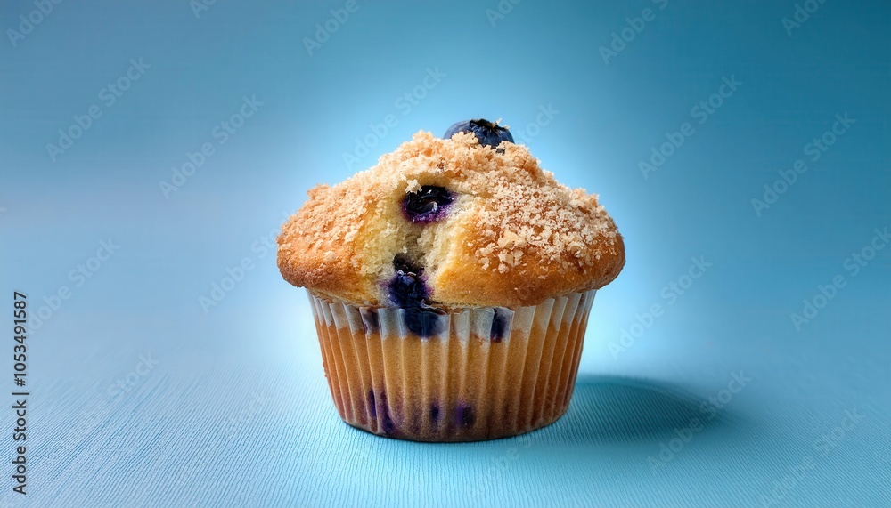 Freshly Baked Blueberry Muffin with Crumb Topping on Blue Background. Perfect for Breakfast, Bakery Advertising, or Food Blog Concepts Highlighting Freshness and Indulgence Freshly Baked Blueberry Muffin with Crumb Topping on Blue Background. Perfect for Breakfast, Bakery Advertising, or Food Blog Concepts Highlighting Freshness and Indulgence