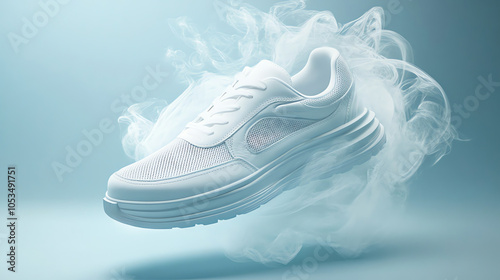 White Leather Sneaker with Breathable Technology and Smoke Effect on Blue Background