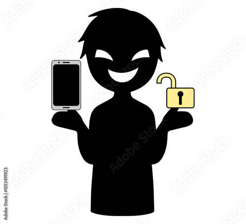 スマホと開いた鍵を手にするハッカーに破られたイメージの素材