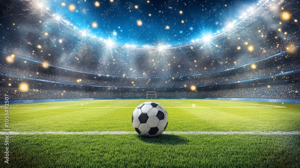 Naklejka premium Soccer Ball On A Green Grass In A Football Stadium. Ready For Penalty Kick. 3D Rendering.