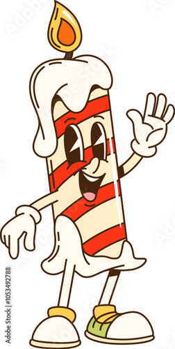 Cartoon groovy Christmas candle character with striped pattern and burning wick waving hand. Isolated vector retro lit candlelight personage with a cheerful smile and wax dripping down its sides