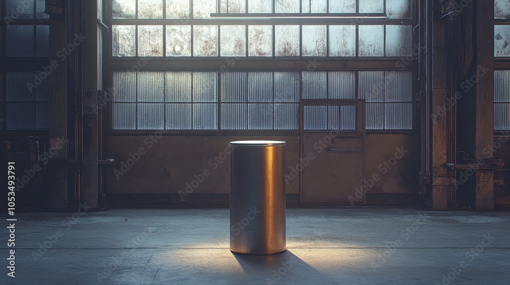Fototapeta premium Sleek steel pedestal with a brushed finish, spotlighted in an industrial environment.