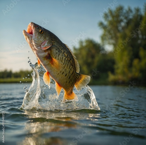 Fishing trophy - big freshwater perch in water on green background.