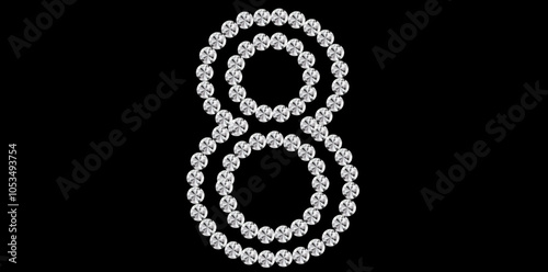 Silver Rhinestone Diamond Number 8 Luxury Text Design Vector Illustration, Diamond Bling Number On Black Background.	