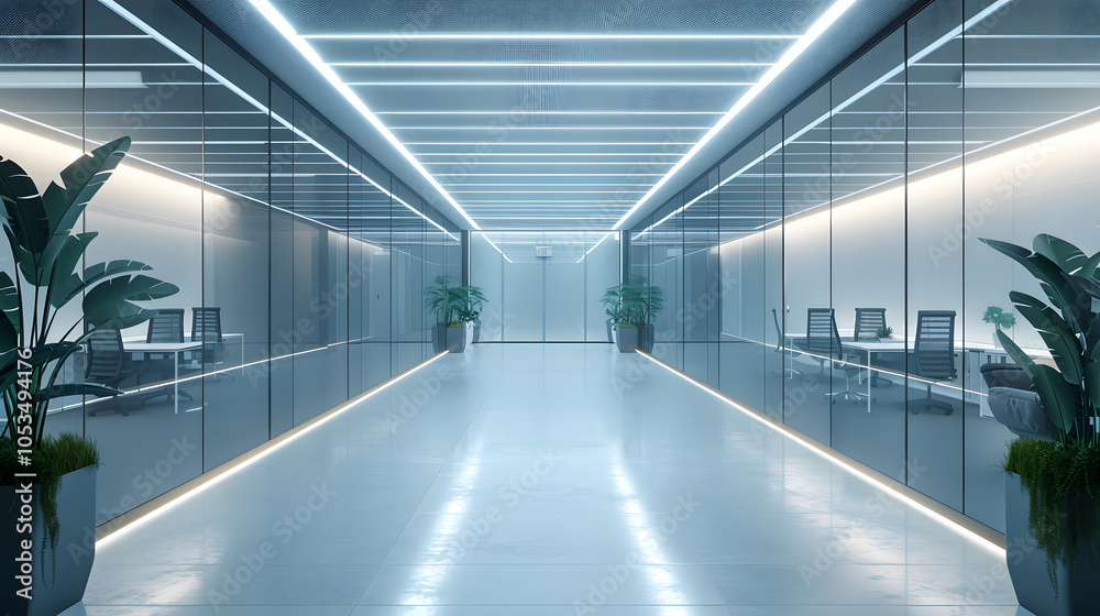 futuristic modern office corridor illuminated by energy-efficient led lighting, showcasing sleek design and sustainability futuristic modern office corridor illuminated by energy-efficient led lighting, showcasing sleek design and sustainability