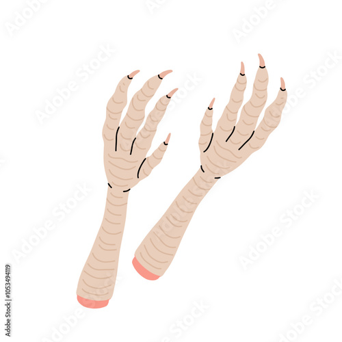 Chicken meat part set, parts of carcass, brisket wing, fillet, legs, heart, neck, feet, whole chicken. vector Illustrations on a white background