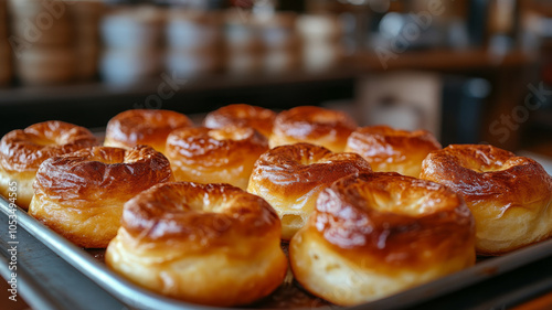 Freshly baked buns on a tray in a bakery setting.