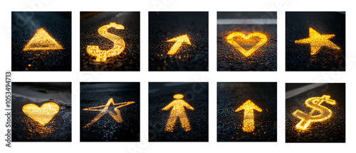 A set of glowing yellow signs on the ground and night. Dollar, star, heart, arrow and other informational symbols painted on the asphalt. Shallow focus. AI-generated