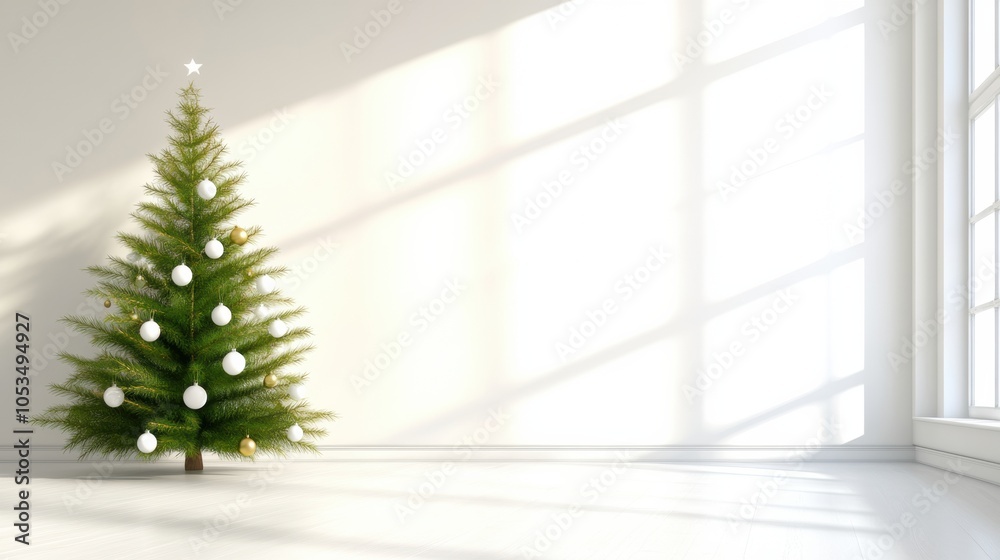 Minimalist Christmas tree with white ornaments in a sunlit room, AI Minimalist Christmas tree with white ornaments in a sunlit room, AI
