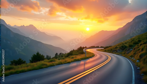 The Path to Success A guide or roadmap outlining the steps and strategies necessary to achieve business success, Winding mountain road, sunset over mountains