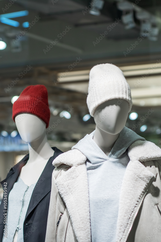 In a store, two mannequins can be seen wearing stylish hats and coats In a store, two mannequins can be seen wearing stylish hats and coats