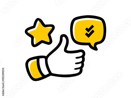 A thumbs-up icon is accompanied by a star and a speech bubble with a checkmark inside photo