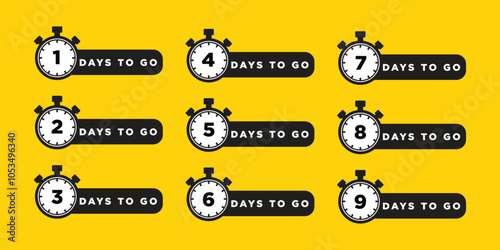 Countdown days left banner. Time of sale. Nine, eight, seven, six, five, four, three, two, one days left. Calculation of time of sale. Days left.