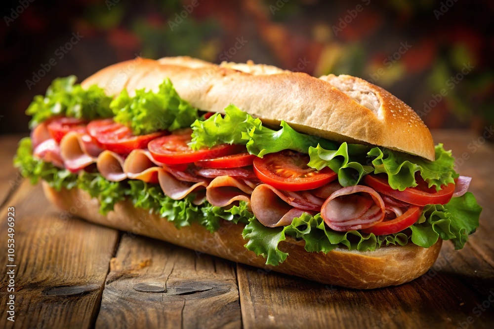 Wide-angle Italian sub sandwich with salami, tomato, and lettuce Wide-angle Italian sub sandwich with salami, tomato, and lettuce