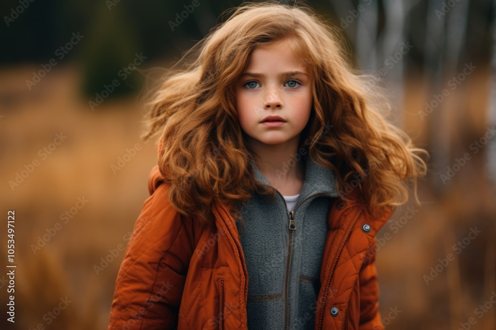 Portrait of a beautiful little girl with curly hair in an orange jacket in the autumn forest Portrait of a beautiful little girl with curly hair in an orange jacket in the autumn forest