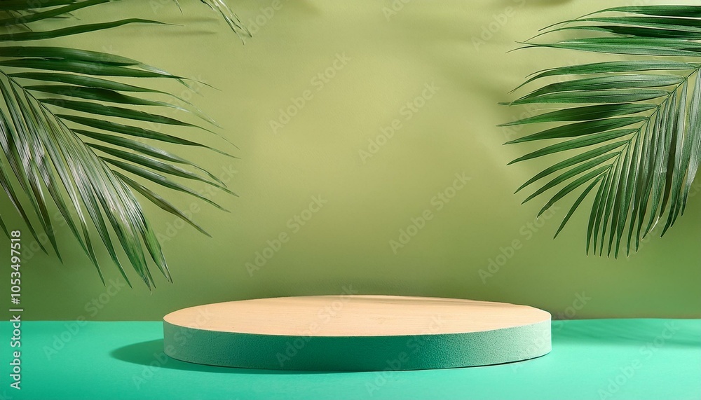 Tropical-inspired podium for product display, ideal for summer-themed cosmetics branding, packaging, and identity backgrounds Tropical-inspired podium for product display, ideal for summer-themed cosmetics branding, packaging, and identity backgrounds