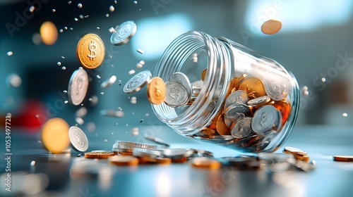 Miniature Coins Falling Into a Tiny Glass Jar Global Currency Collection 3D Concept of savings investment banking and finance world economy and international business wealth photo