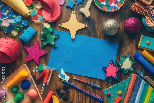 Hanukkah Crafts: A top-down view of a table filled with Hanukkah craft materials, such as colored paper, glue, glitter, and dreidel cutouts. The image captures the creative spirit of preparing for the photo