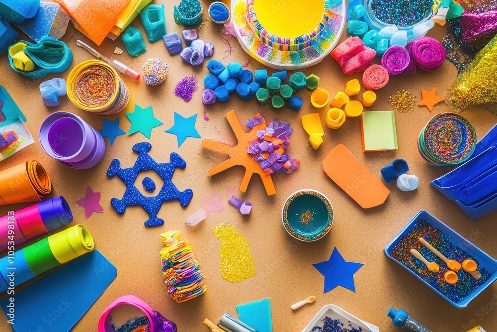 Obraz premium Hanukkah Crafts: A top-down view of a table filled with Hanukkah craft materials, such as colored paper, glue, glitter, and dreidel cutouts. The image captures the creative spirit of preparing for the