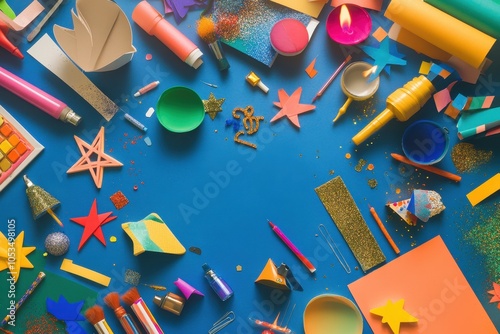 Hanukkah Crafts: A top-down view of a table filled with Hanukkah craft materials, such as colored paper, glue, glitter, and dreidel cutouts. The image captures the creative spirit of preparing for the photo