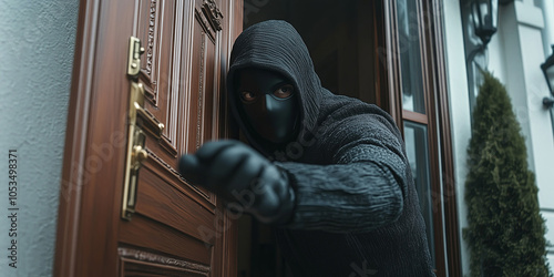 Criminal in hood and mask breaking in. Entering residential house to commit burglary crime.